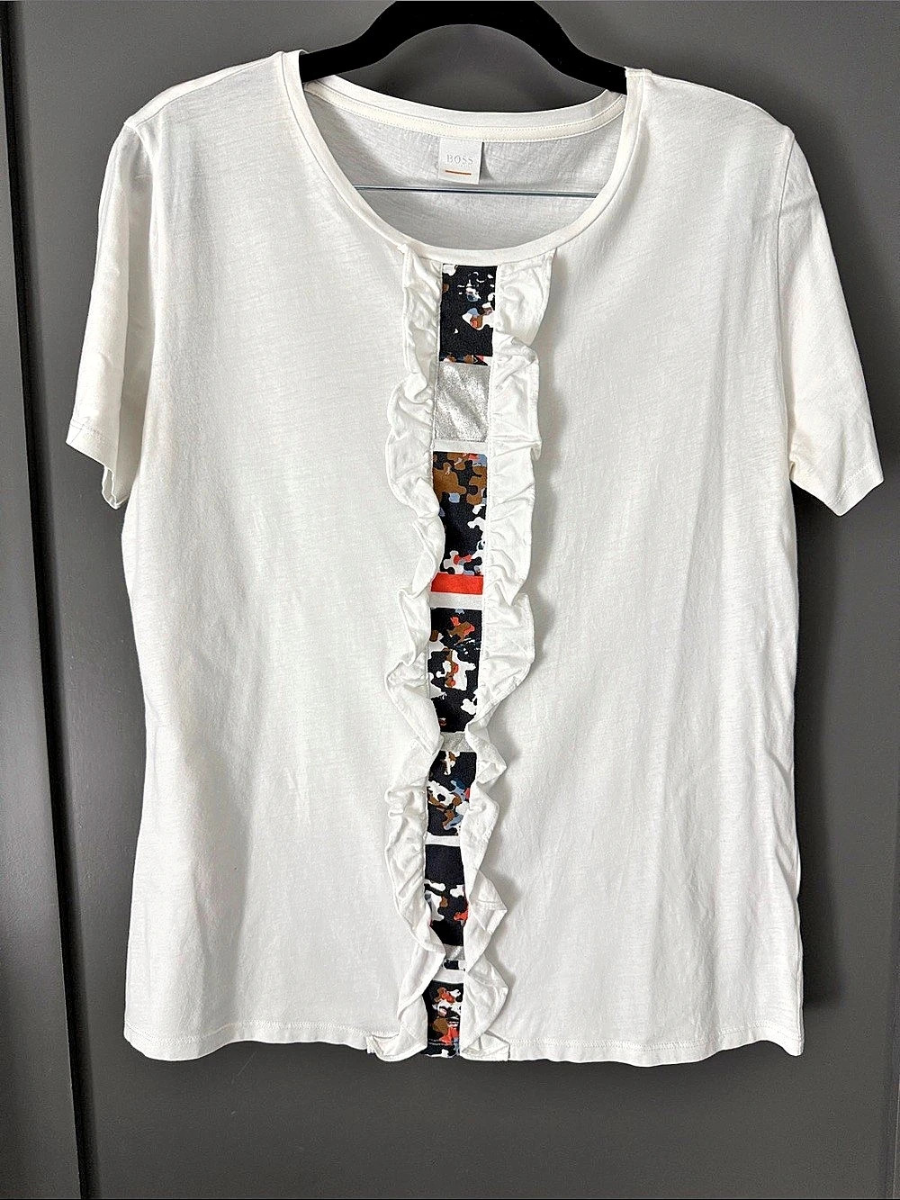 BOSS Floral Ruffle Front White Short Sleeve Tee